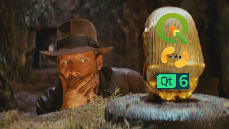 Indiana Jones qui regarde un objet mystérieux, sur lequel on peut voir les logos de QGIS, de vcpkg et de Qt6