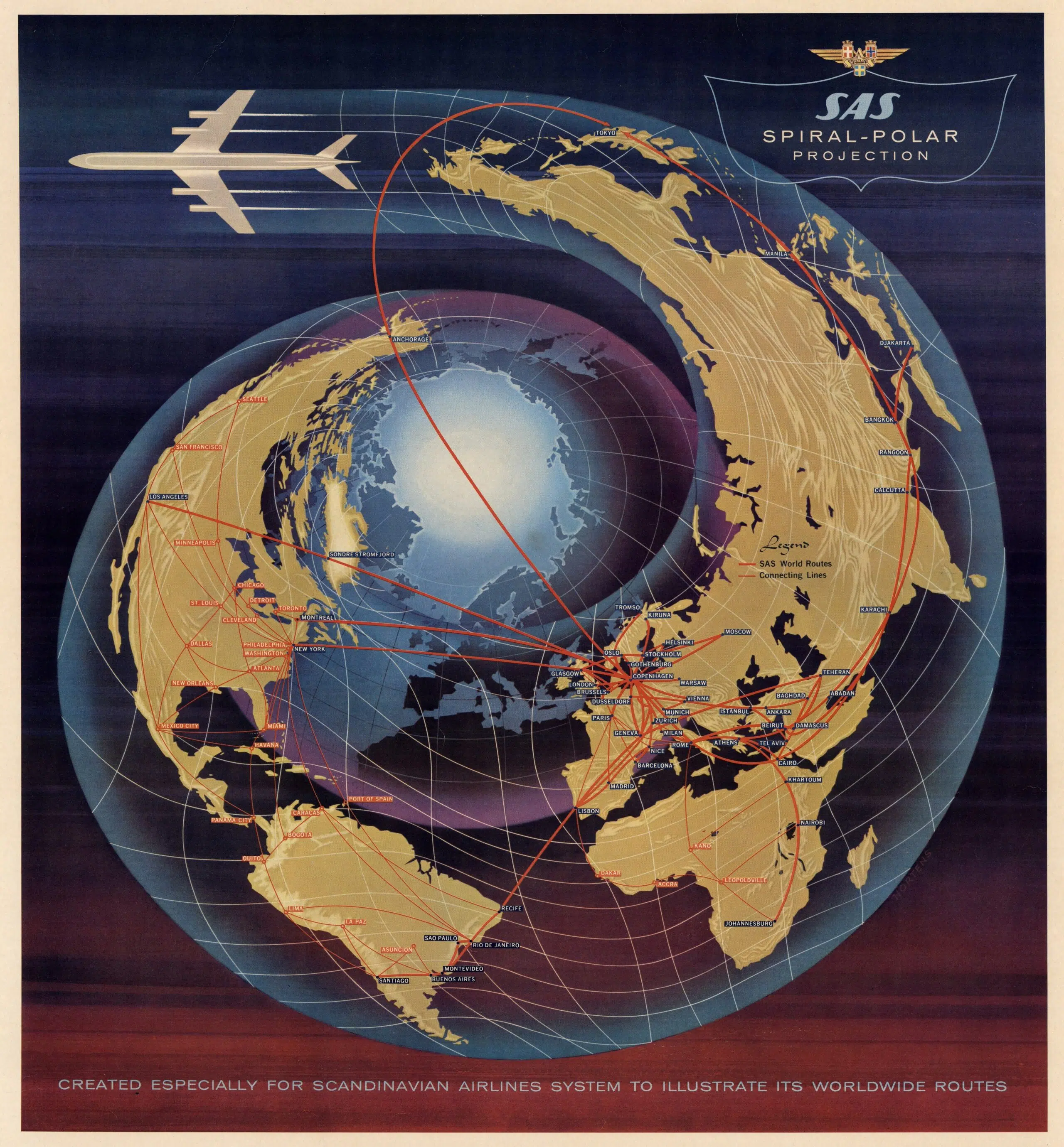 Carte des routes de l'air de la Scandinavian Airlines - 1960