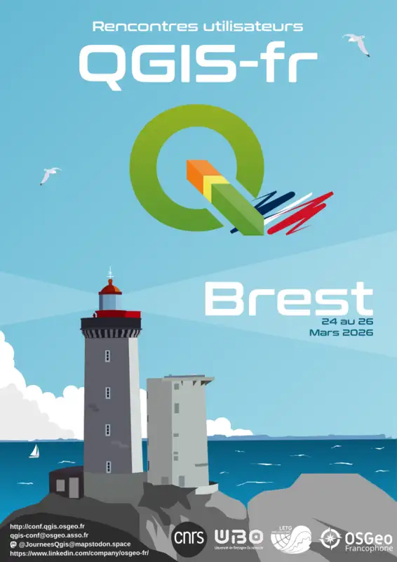Affiche des Rencontres QGIS-fr 2026 à Brest - crédit Sylvain Beorchia