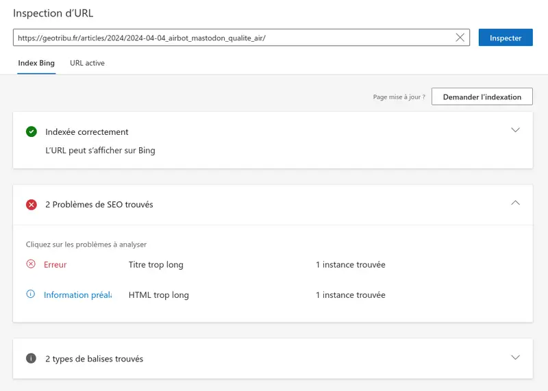 Bing Webmasters Tools - Inspection d'une URL