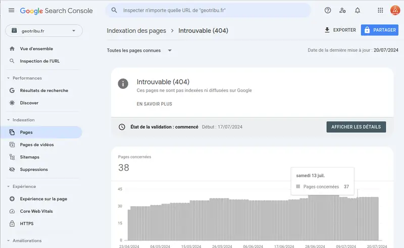 Google Search Console - Toutes les erreurs 404