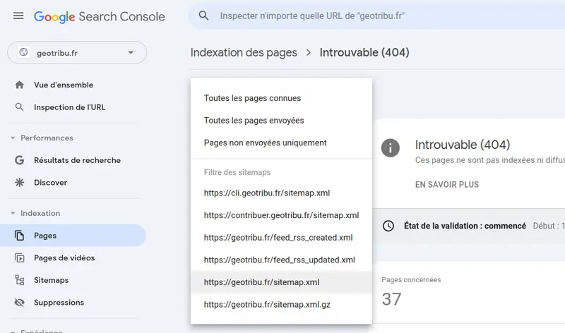 Google Search Console - Filtrer les pages 404 par sitemap