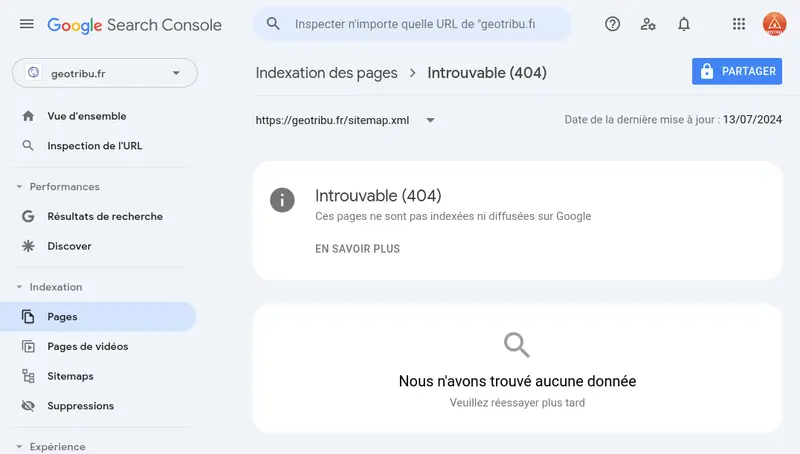 Google Search Console - Pages 404 de https://geotribu.fr